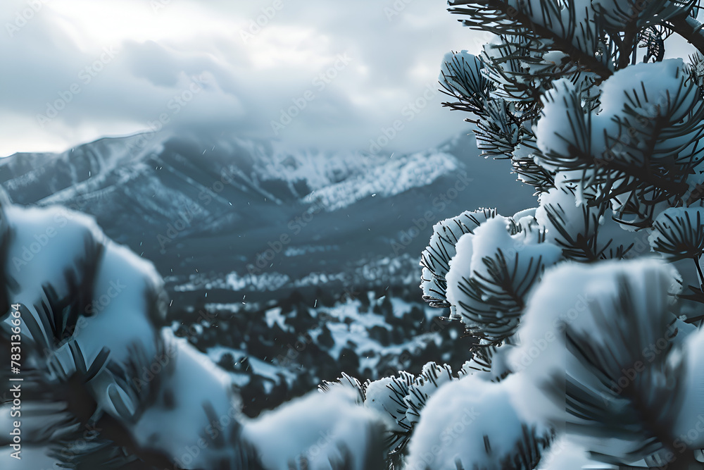 Poster a snowy mountain range with a tree in the foreground. the tree is covered in snow and the mountains 