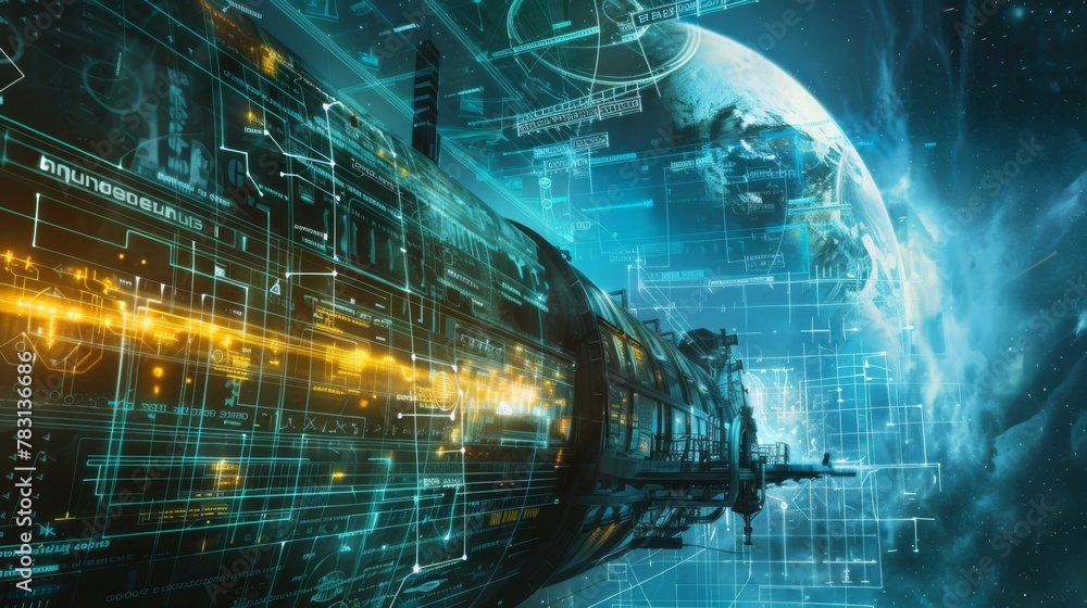 Aufkleber a futuristic space ship is flying through space with a planet in the background. the ship is surroun