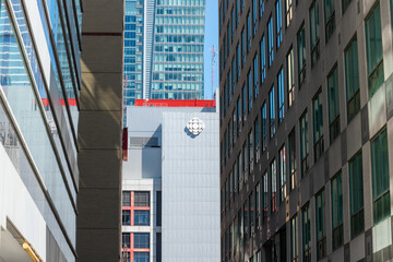 Fototapeta premium view of building sign at the Canadian Broadcasting Centre (entrance at 250 Front Street West) in downtown Toronto - west side
