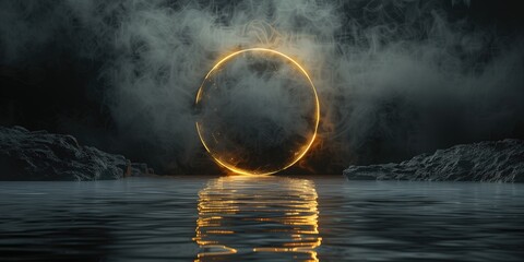Minimalist Scene, Glowing Circle Rising from Misty Waters