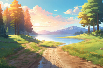 Dirt road on the edge of the lake with trees during the bright sun during the day. In anime style
