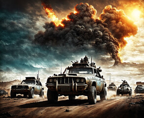 A group of vehicles driving down a dirt road in the middle of a desert.