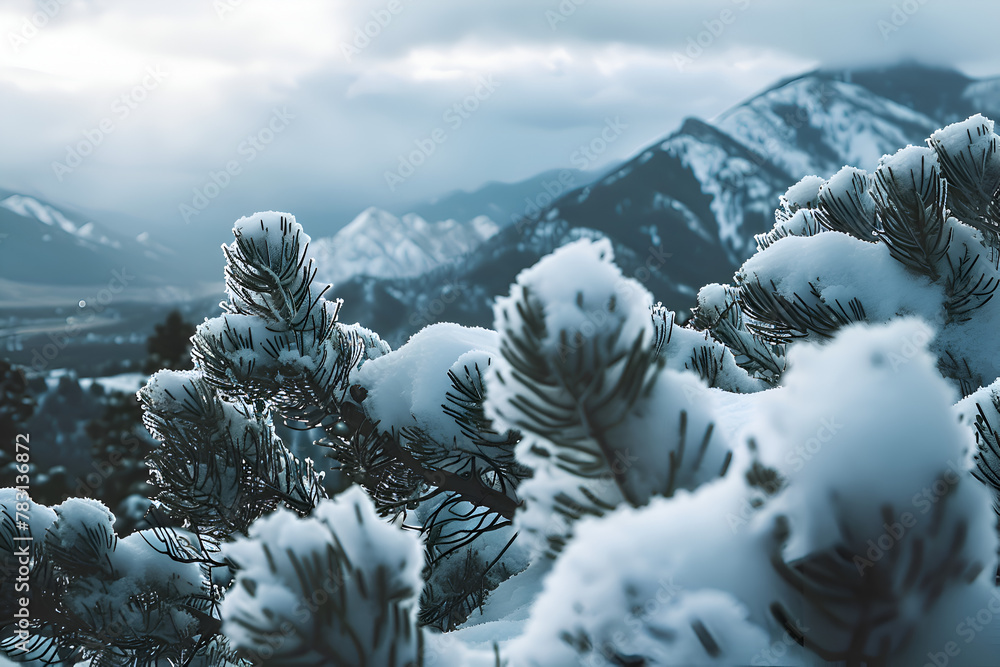 Poster a snowy mountain range with a tree in the foreground. the tree is covered in snow and the mountains 