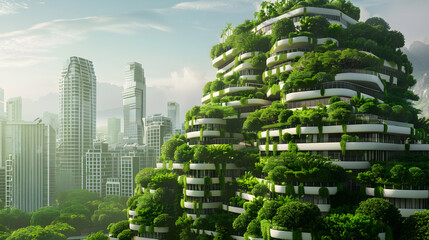 Splendid environmental awareness city with vertical forest concept of metropolis covered with green plants. Civil architecture and natural biological life combination