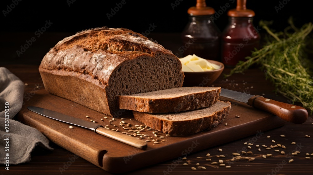 Poster Generative AI Rustic farmhouse bread, showcasing scoring patterns and flour-dusted surfaces for an authentic look