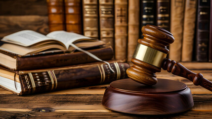 Wooden gavel and books on wooden table - obrazy, fototapety, plakaty