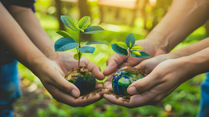 World environment day ESG Environmental Social Corporate Governance concept with tree care planting and CSR green earth on volunteer's hands for SDG sustainable development goals