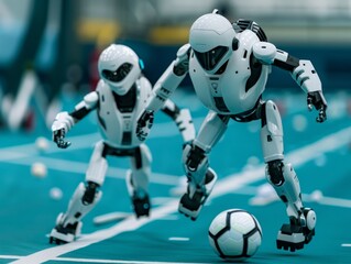 Futuristic Soccer Match: Humanoid Robots Showcasing Advanced Capabilities in Traditional Sports | Microstock Robotic Sports Image