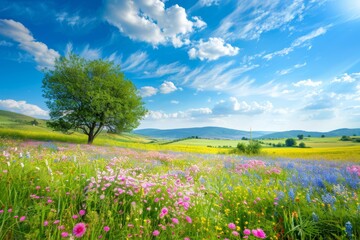 Scenic rural landscape with beautiful fields in bloom and clear blue sky, nature photography