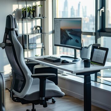 Ergonomic Home Office Setup for Remote Work - Modern Desk, Mesh Chair, Large Monitor, Organized, Minimalist Design, Natural Light