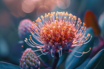 Detailed close-up shot of a Hakea flower showcasing its intricate petals and vibrant colors against a blurred background. The focal point is the flower in full bloom, with sharp details and soft bokeh