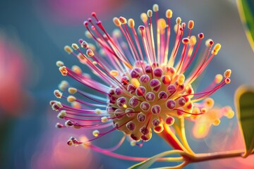 A flower with many small pink and yellow petals. The flower is surrounded by a blue background