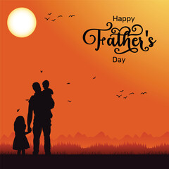 Happy Fathers Day flyer, banner or poster, silhouette of a father holding his child hand. Vector illustration