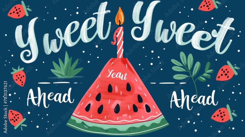 Poster A watermelon slice with a candle placed on top, creating a simple and festive display. The vibrant red of the watermelon contrasts with the flickering flame of the candle, making for a unique and visu