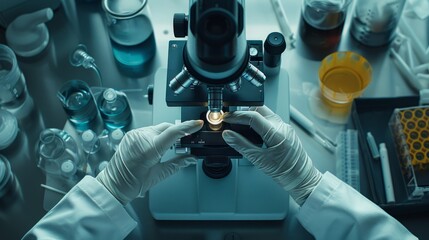 A biologist in a lab coat holding a microscope and adjusting the knobs over a sample slide