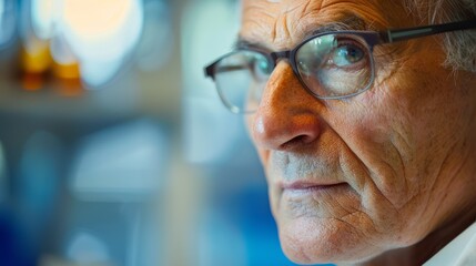 A candid close-up of a scientist, showcasing their focused expression while wearing glasses - obrazy, fototapety, plakaty