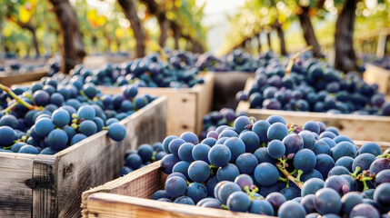 ripe blue grapes in wooden boxes on the background of a vineyard. grape harvest