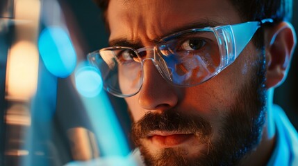 A candid closeup of a scientist with a focused expression, wearing glasses and a beard, looking intently at something - obrazy, fototapety, plakaty