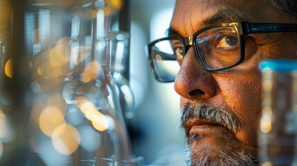 A candid close-up of a man wearing glasses, intensely examining a glass object with a focused expression