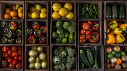 Close-up of a vibrant display of fresh fruits and vegetables in wooden boxes