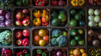 Fototapeten Closeup of vibrant fresh fruits and vegetables neatly arranged in wooden crates, showcasing a variety of colors and textures © Ilia Nesolenyi
