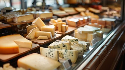 Display case filled with a variety of cheeses in a gourmet cheese counter, highlighted by natural light