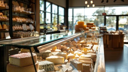 A display case filled with a variety of cheeses under natural light in a gourmet cheese shop - obrazy, fototapety, plakaty