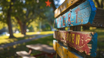 Detailed view of a wooden sign in a park indicating designated picnic spots with colorful lettering