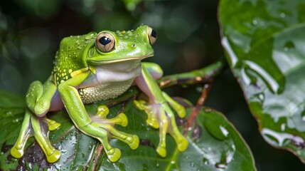 Fototapeta premium A green frog is perched on a green leaf, blending effortlessly with its surroundings. The frog is sitting calmly, its vibrant green skin contrasting against the leafs texture.