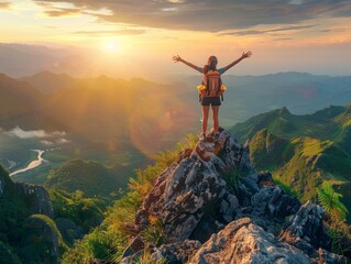 Solo Female Hiker Conquering Mountain Summit at Sunrise/Sunset - Inspirational Outdoor Adventure Travel Landscape Photography