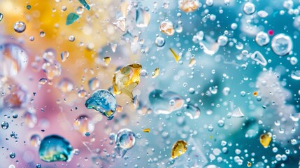 Closeup of water drops clinging to a window pane, refracting light and distorting the view outside - obrazy, fototapety, plakaty