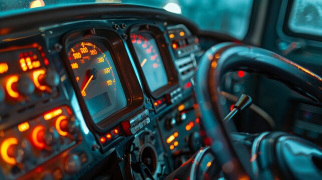 Close-up view of a brightly lit airplane dashboard with numerous lights, switches, and indicators