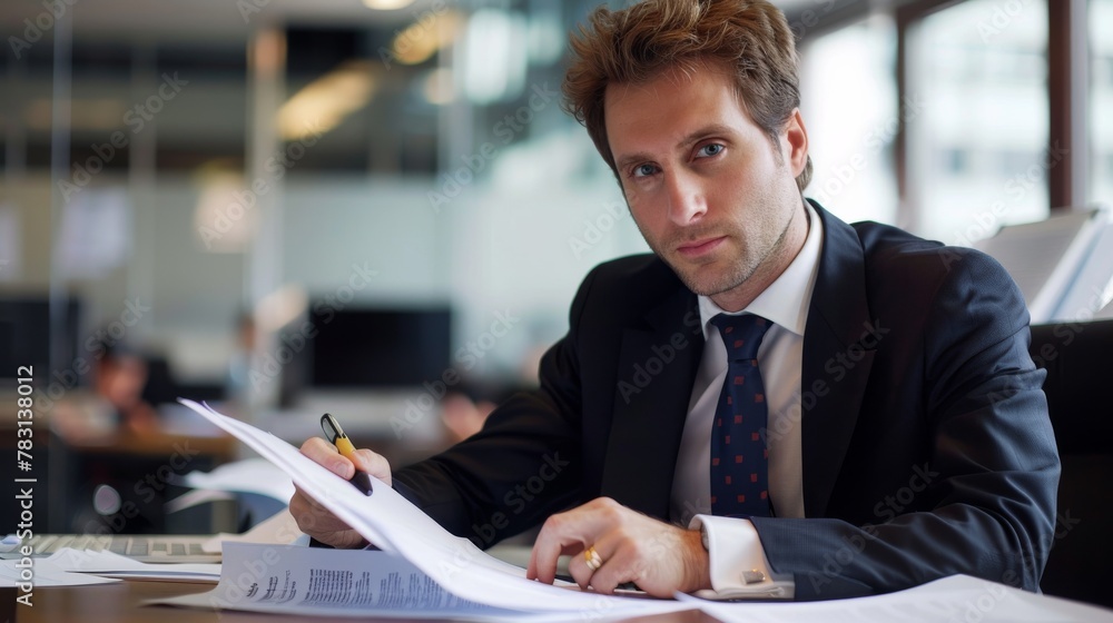 Poster a man in a suit is seated at a desk, focused on writing on a piece of paper. the man appears profess
