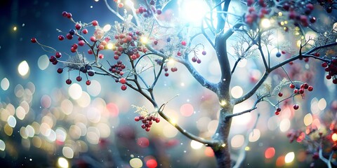 generated, abstraction, background, tree with small berries, red fruits, berries, cherries, light illuminates, glow, plant, nature,