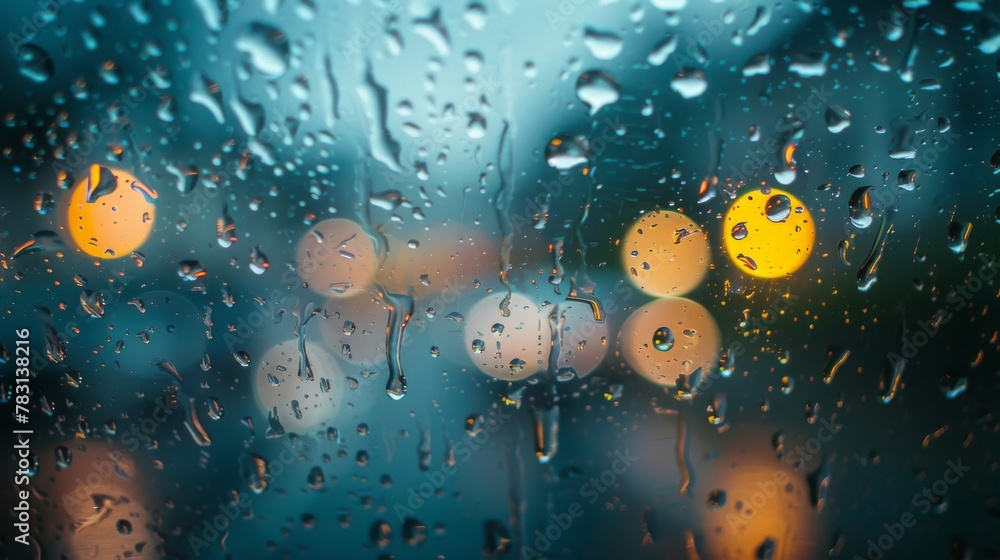 Aufkleber Rain drops are seen on a window, with yellow lights shining in the background. The window is slightly blurred due to the focus on the rain drops, creating a contrast between the clear drops and the li