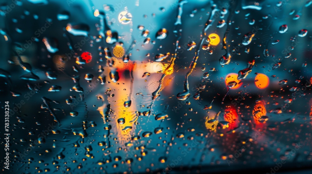 Poster rain drops are seen on the windshield of a car, creating patterns as they slide down the glass. the 