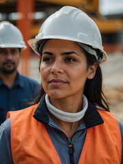 A Latina female construction manager wearing a white helmet
