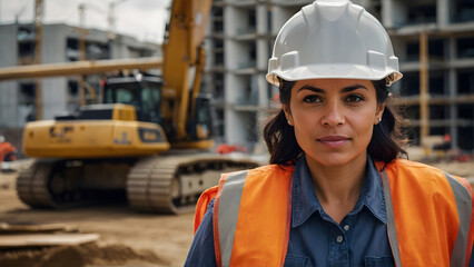 A Latina female construction manager wearing a white helmet - obrazy, fototapety, plakaty