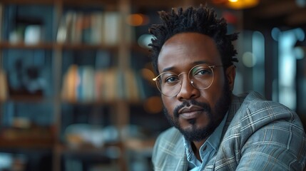 Fototapeta premium A man with glasses and dreadlocks sitting in front of a bookcase.