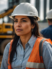 A Latina female construction manager wearing a white helmet