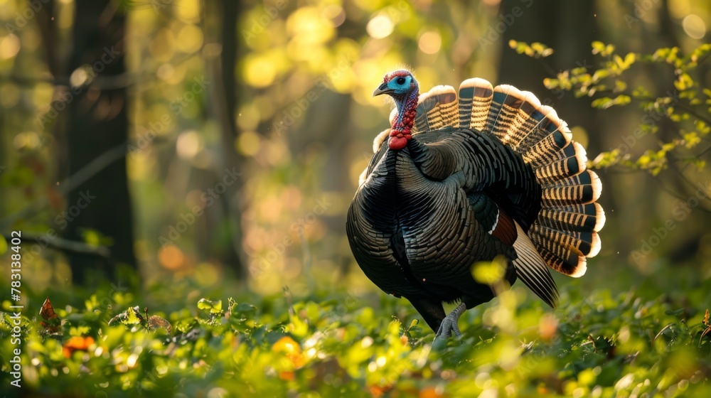 Poster a wild turkey is standing confidently in the midst of a dense forest. the turkey appears alert, surr