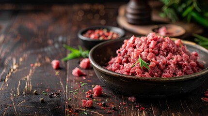 A close-up view of a bowl of fresh raw minced beef on an old dark wooden table background - obrazy, fototapety, plakaty