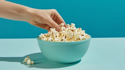 Fototapeta na wymiar High-angle shot of a hand reaching into a bowl of salted popcorn, capturing the anticipation of grabbing a snack
