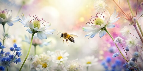 generated, abstraction, cute background, bright, feminine, bee flies to flowers, flowers, style, minimalism,