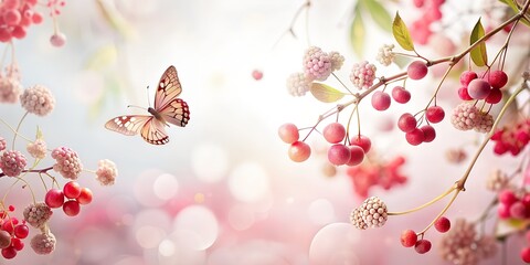 Abstraction on a pink background of plants and butterflies flying generated, beautiful background image