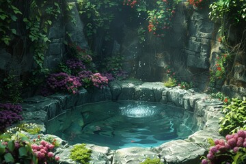 An enchanting hidden pond surrounded by lush flowering plants and stone walls, resembling a secret garden