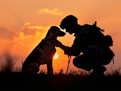 Silhouette of Soldier Reuniting with Loyal Dog at Stunning Orange Sunset - Emotional Homecoming Scene