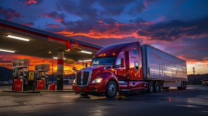 A red semi truck is parked at a gas station, towering over the fuel pumps - obrazy, fototapety, plakaty
