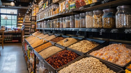 A store filled with different types of food items such as grains, nuts, and dried fruits in designated bulk foods section