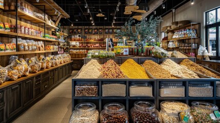 A store packed with diverse food options including grains, nuts, and dried fruits in bins